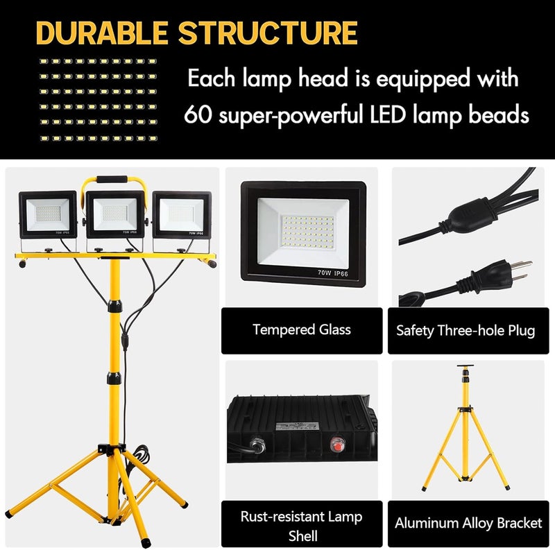 GUWELL 22000 Lumen Work Lights with Stand, 3 Head Portable LED Work Light, with Adjustable&Foldable Tripod Stand, IP66 Waterproof Lamp for Outdoor Indoor Job Site Workshop Garage Construction Site Lighting - Image 5